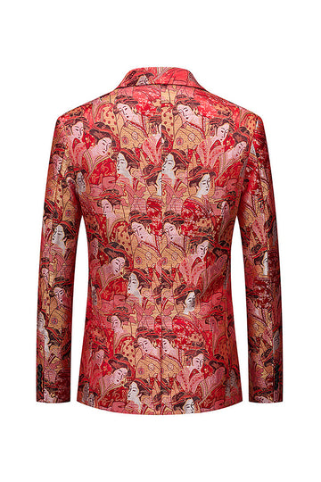 Red Floral One Button Fitted Notched Lapel Men's Blazer